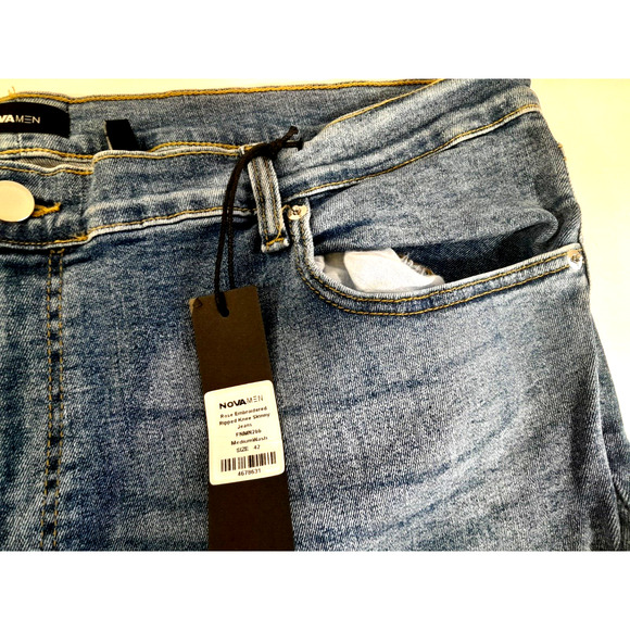 Nova Mens Distressed Ripped Jeans 42 X 32 Rose Embroidered RARE NWT 1085 - Picture 6 of 16